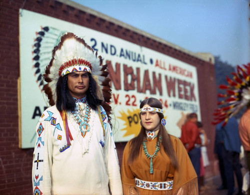 Chief Rolling Thunder and unidentified woman at All American Indian Week press conference