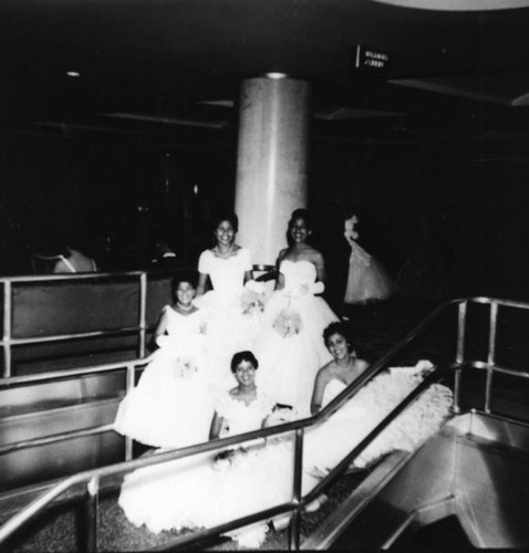 Women in formal attire posing on stairway