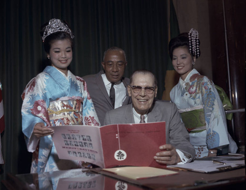 Councilmen Leonard Timberlake and Gilbert Lindsay with Nisei Week queen