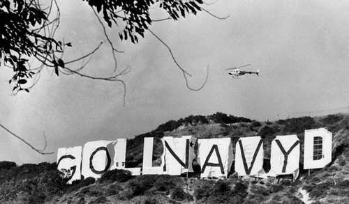 "Go Navy" covers up Hollywood sign