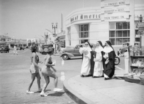 Nuns' habits and beach wear on South Coast Highway, Laguna Beach
