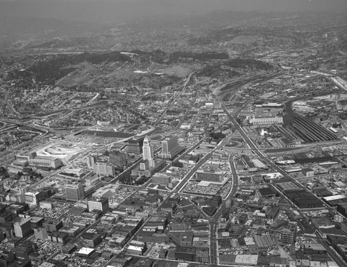 Aerial view of Downtown Los Angeles, looking northeast