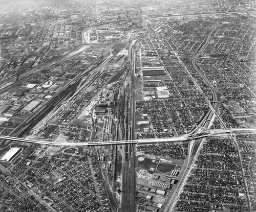 Aerial view of Central Manufacturing District, looking west