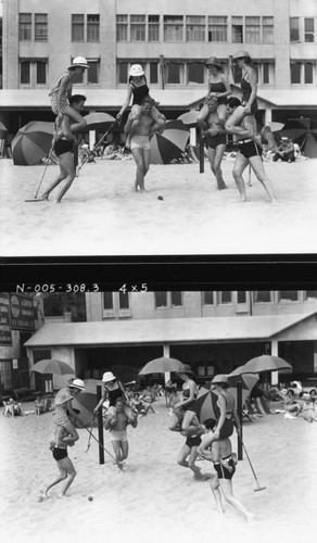 Couples playing polo on the sand, views 1 and 3