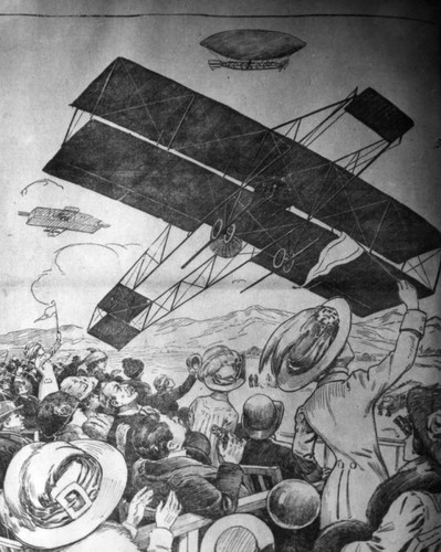 Drawing of aircraft over crowd