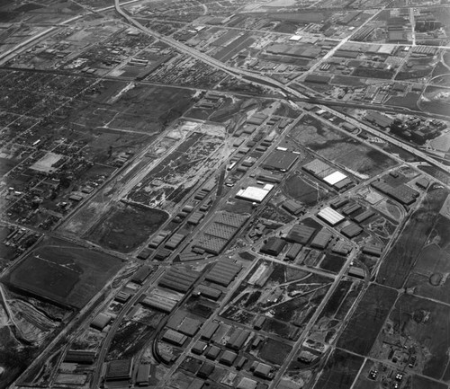 Aerial view of Vail Field and Central Manufacturing District, looking south