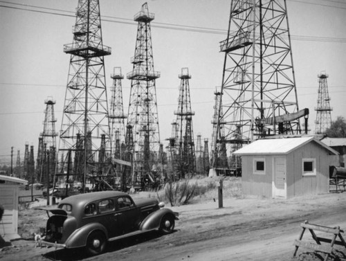 Parked on a dirt road in the Signal Hill oil field