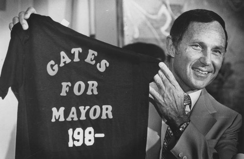 Chief Gates with joke t-shirt — Calisphere