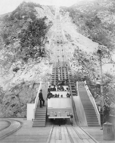 Cable car at bottom of incline