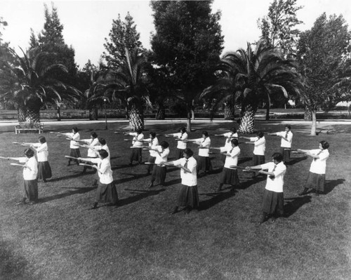 American Indian girls drill at Sherman Institute