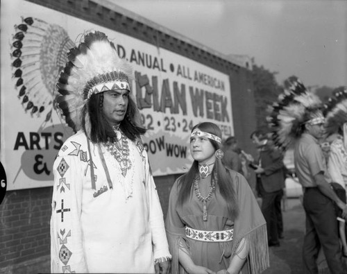 Chief Rolling Thunder and unidentified woman at All American Indian Week press conference