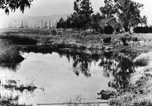 View of tar pit and Hancock ranch house