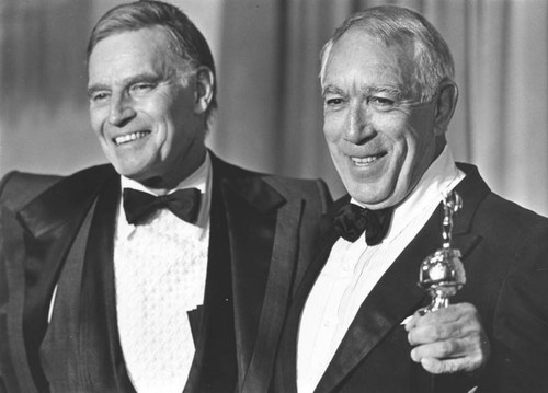 Charlton Heston and Anthony Quinn at the Golden Globe awards