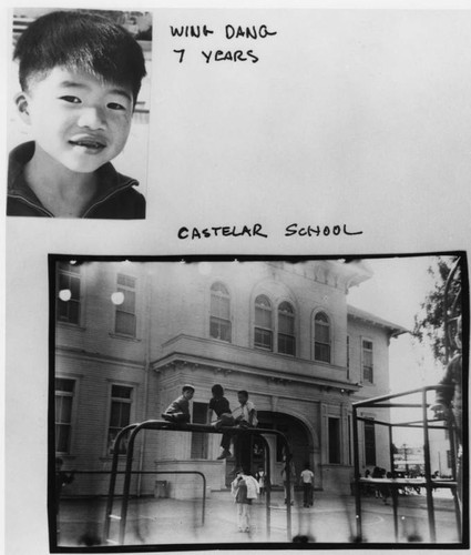 Chinese American boy and photo of Castelar School