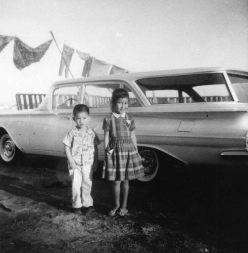 Children beside station wagon