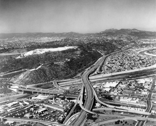 Aerial view of Chávez Ravine, Dodger Stadium, and surrounding areas