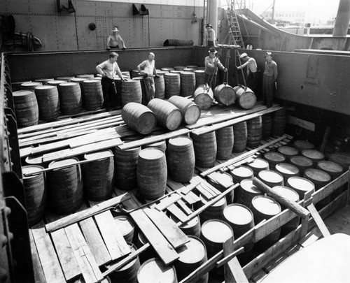 Beer barrels stored on ship