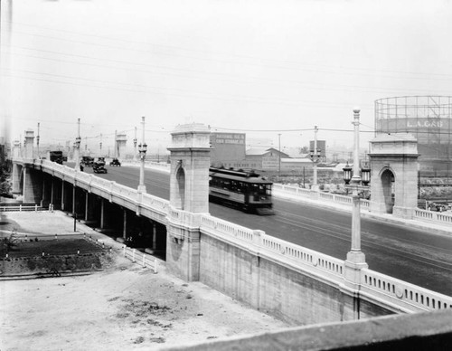 Trolley crossing the First St. Bridge