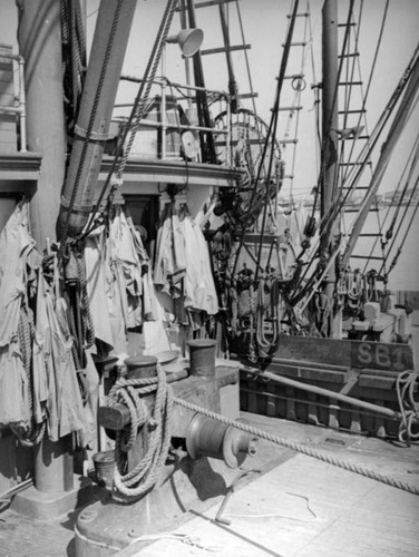 Raincoats on a fishing boat at Terminal Island