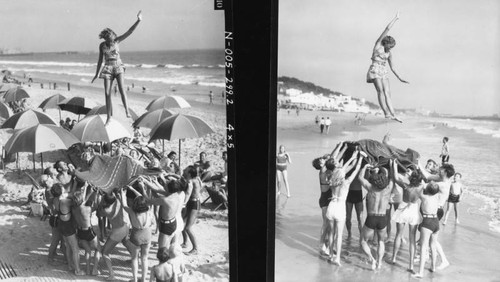 Blanket tossing on the beach, views 1-2