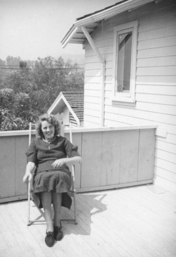 Ethel Schultheis sits on her balcony, Hollywood Hills