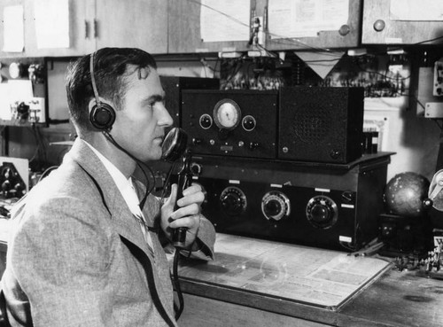 Radio announcer with microphone