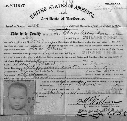 Chinese American's Certificate of Residence