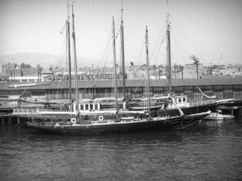 Sailing ship and downtown San Pedro from the L. A. Harbor