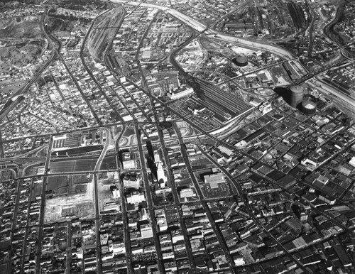 Civic Center, Alameda Street, 101 and 110 Fwys, looking northeast