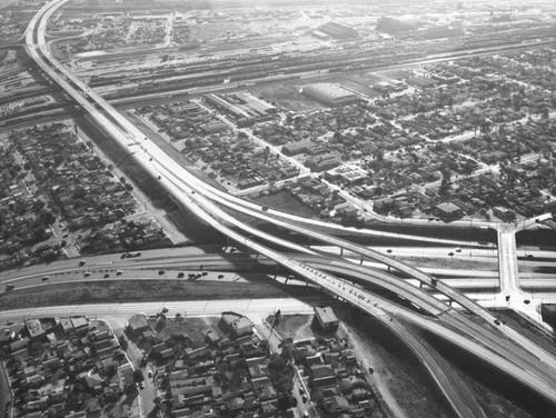 Santa Ana Freeway and Long Beach Freeway interchange, looking southwest