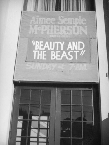 Beauty and the Beast banner above the Angelus Temple doorway