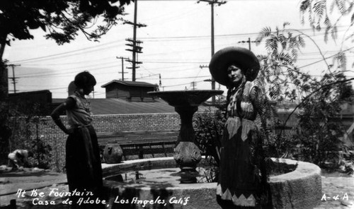 At the fountain, Casa de Adobe