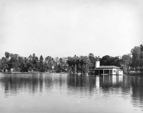 Boathouse reflected in Echo Park lake