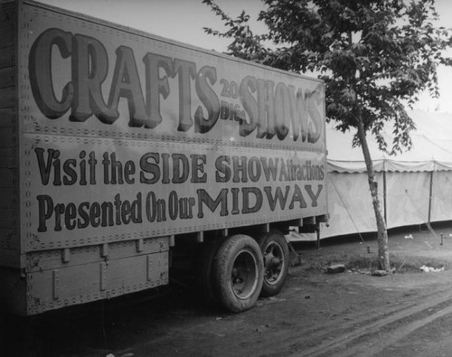 Truck advertising the side show at the Los Angeles County Fair