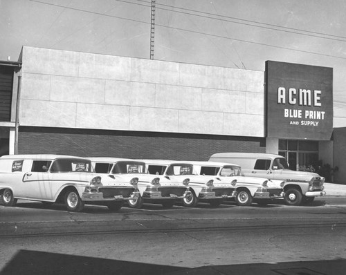 Acme Blue Print and Supply Co. building, exterior with delivery cars