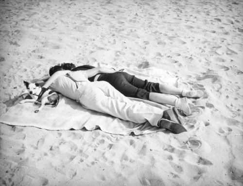 Couple relaxing with their dog at the beach