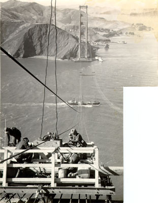 [View of the Golden Gate Bridge while under construction]