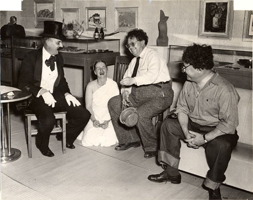 [Ansel Adams (left), Mona Hofman as "Lady is White", Diego Rivera as himself, Timothy Pflueger as Diego Rivera]