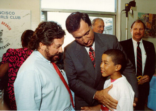 [Art Agnos at the Sunnyvale Boys & Girls Club with David Gilmour]