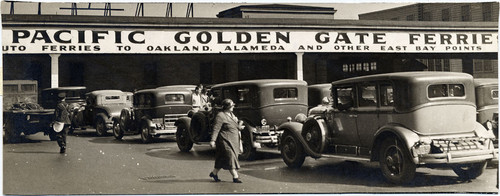 [Automobiles lined up to board ferry at the Ferry Building]