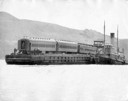 [Alcatraz Island prison train on railroad barge]