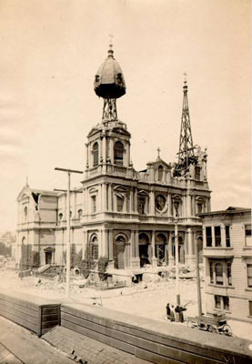 [St. Dominic's Church, at Bush and Steiner Streets, after the 1906 earthquake]