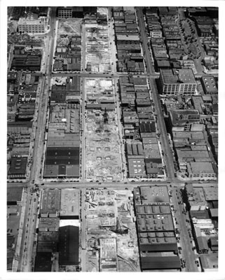 [Aerial view of path of demolished buildings along San Francisco Bay Bridge approach]