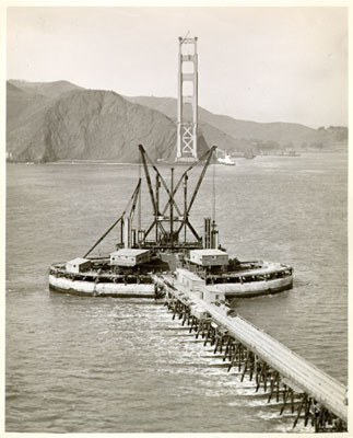 [Construction of the south tower of the Golden Gate Bridge]