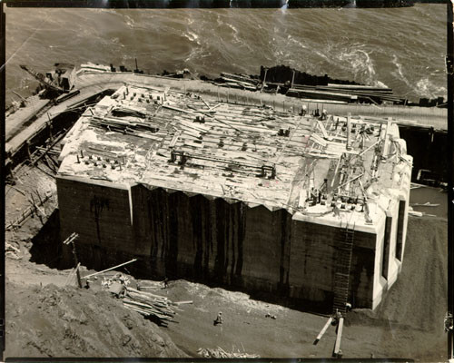 [Construction of the Marin County pier of the Golden Gate Bridge]