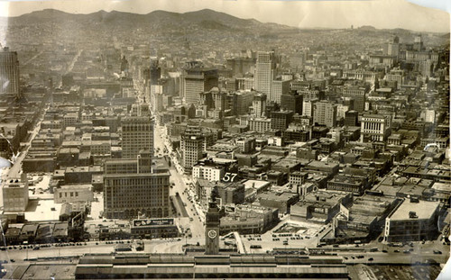 [Aerial view of San Francisco, looking up Market Street from near the Ferry Building]