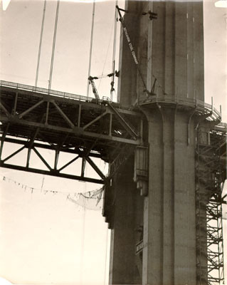 [View of the Golden Gate Bridge while under construction]