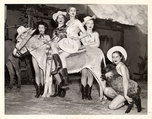 [Young women from Sally Rand's Nude Ranch wearing cowboy hats, gunbelts and boots posing with a donkey and a sheep, Golden Gate International Exposition on Treasure Island]