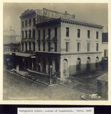 Montgomery street, corner of Commercial. Circa. 1868.