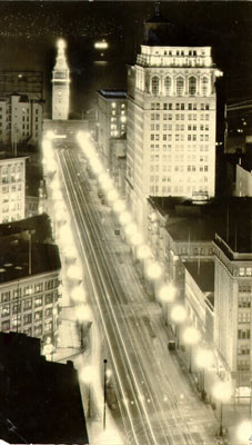 [View of east end of Market Street at night]